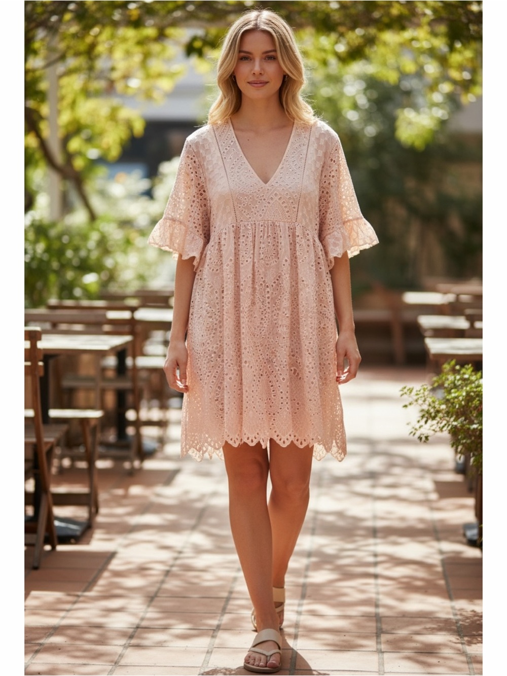 Akemi + Kin ANTHROPOLOGIE Boho Blush Eyelet Embroidered Swing Dress 2
